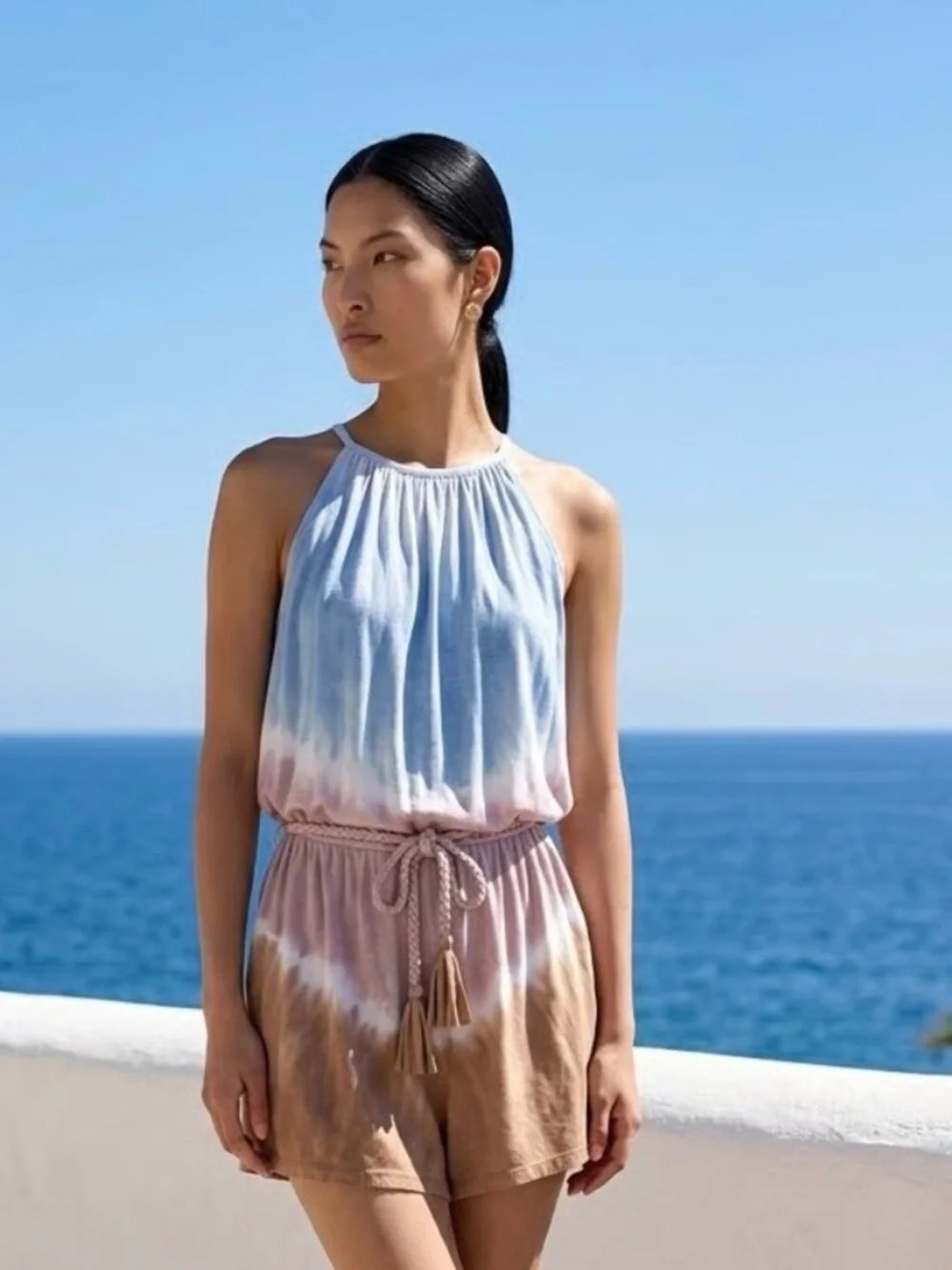 VENUS Pale Blue Halter Romper with Braided Tassel